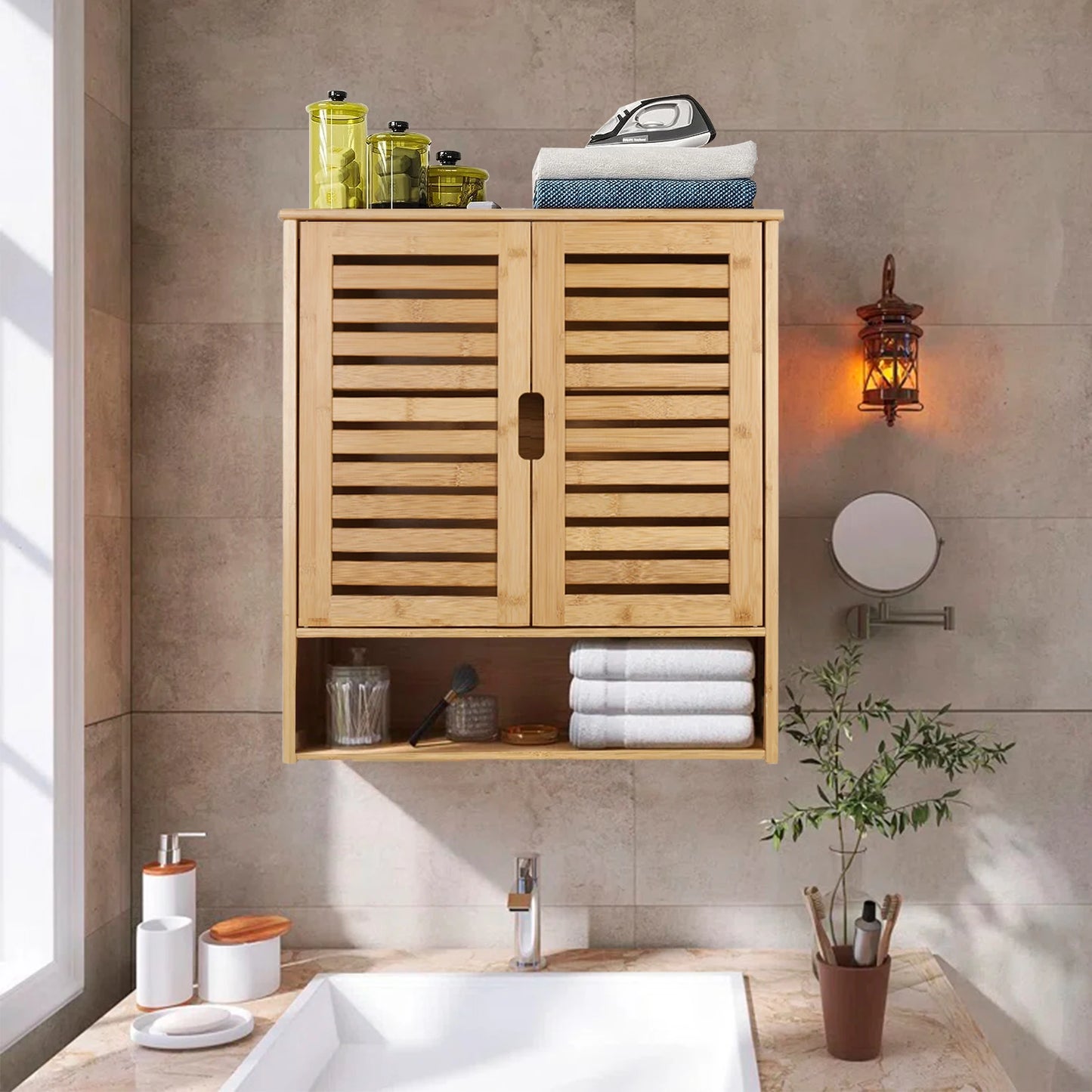 Wisfor Bamboo Bathroom Wall Cabinet With Medicine 2 Doors