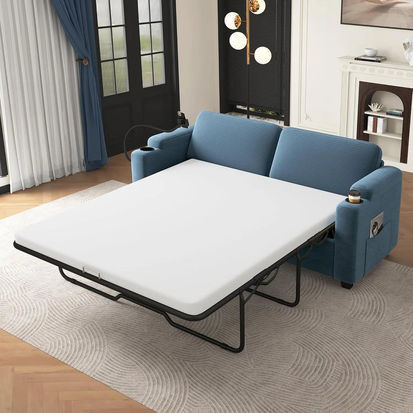 72.8" Corduroy Sleeper Sofa Loveseat Sofa with Full Size Mattress, Two USB Ports, Two Cup Holders, Two Side Pockets and a Phone