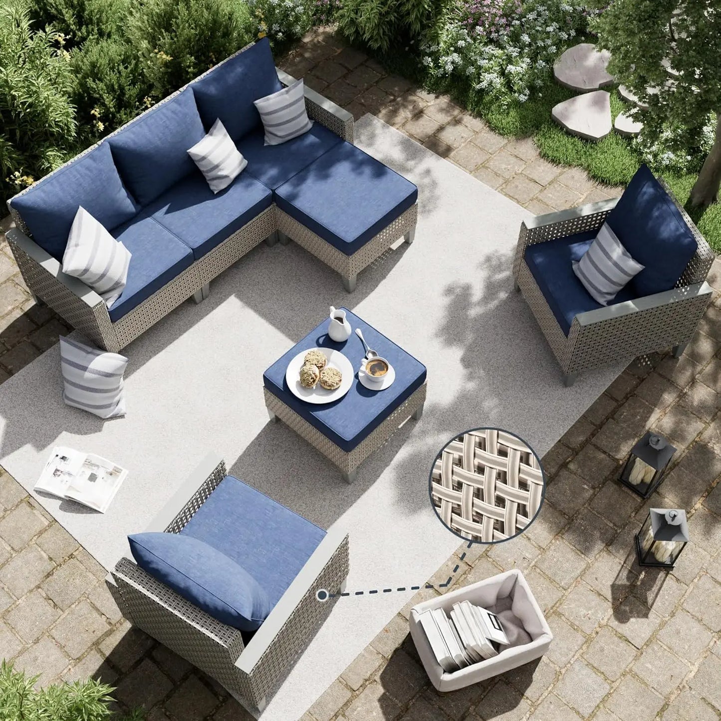 Outdoor Patio Furniture Set 7-Piece Modular Wicker Sectional Sofa with Ottomans and Thick Cushions, Modern Rattan Outdoor