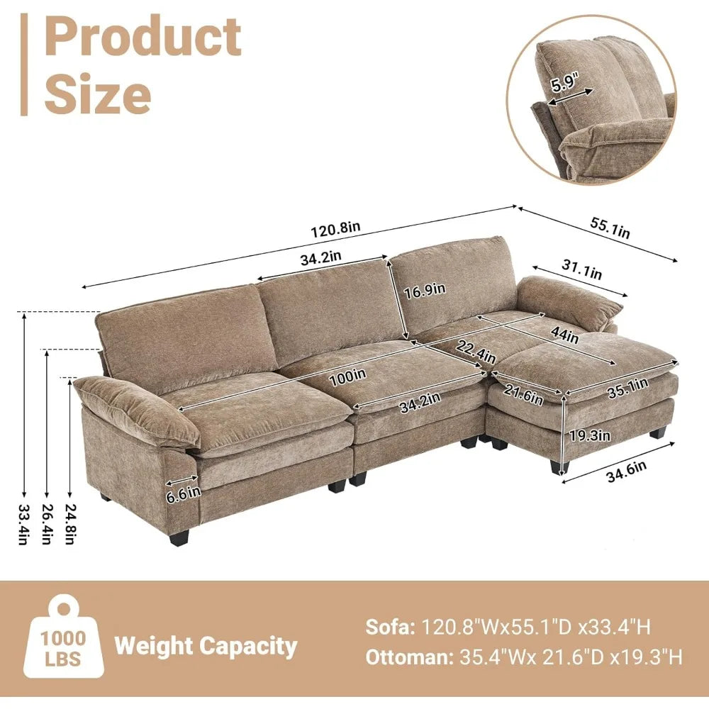 deep seated modular convertible sofa with movable double-layer ottoman, l-shape cloud sofa with chaise and armrests, oversized