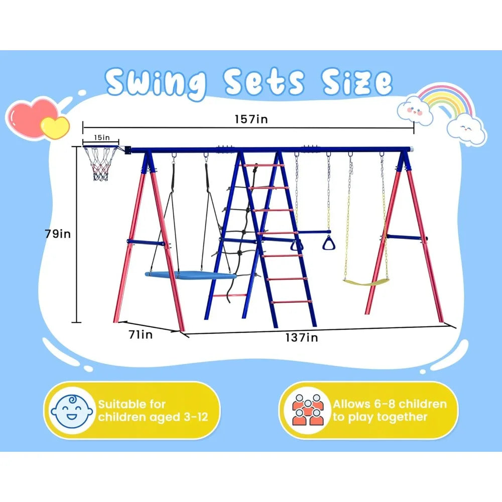 Swing Sets for Backyard, 6 in 1 Toddler Swingset Outdoor for Backyard for Kids 3-12, Heavy Duty Metal Swing Sets with 2 Swings C