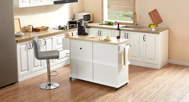 60" Mobile Kitchen Islands Rolling Trolleys Kitchen Island Table Drop Leaf Home Carts with Power Outlet Spice Towel Rack Trash