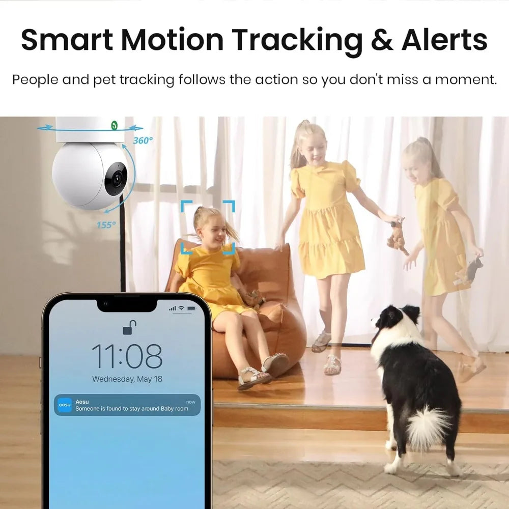 4mp security camera indoor, 2.5k baby monitor pet camera 360° for home security, wifi camera with 5/2.4 ghz wi-fi, one-touch ca