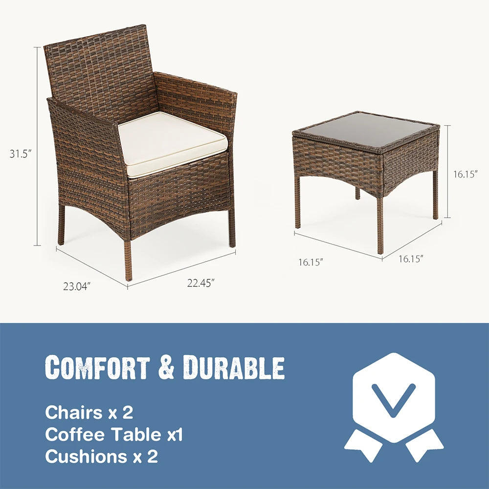 JHK Outdoor Patio Furniture Set 3 Pieces with Soft Cushion and Glass Table Manual Weaving Wicker Rattan Patio Chairs For Garden