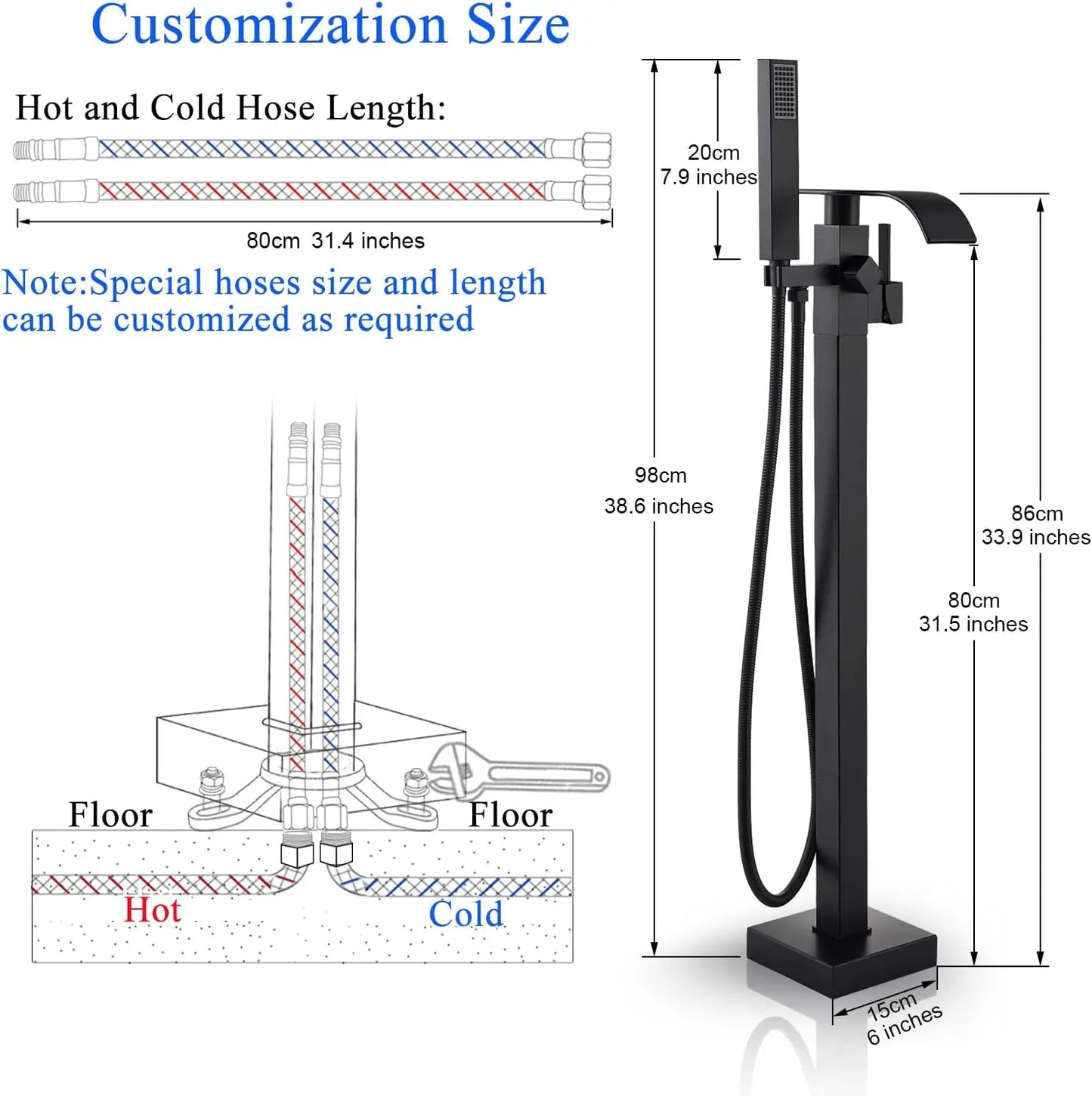 Quyanre Waterfall Brass Free Standing Tub Filler Faucet Hand Shower
