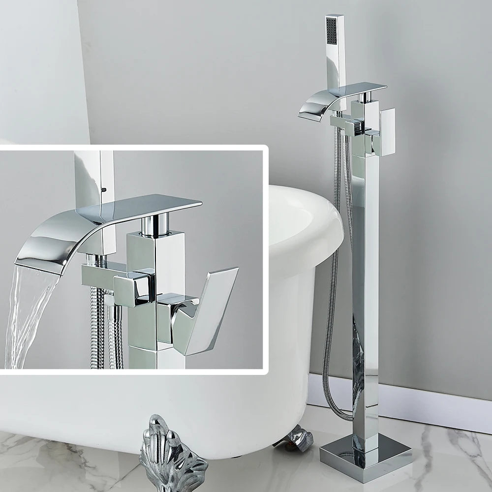 Quyanre Waterfall Brass Free Standing Tub Filler Faucet Hand Shower
