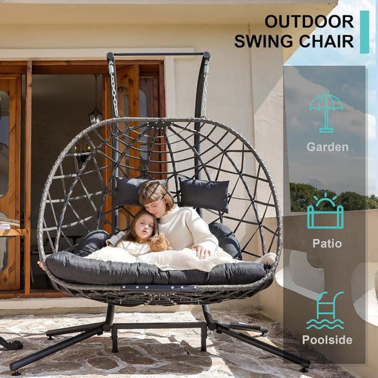 Double Egg Swing Chair with Stand, 2 Person Outdoor Indoor Hammock Hanging Chair with Cushion for Patio Living Room