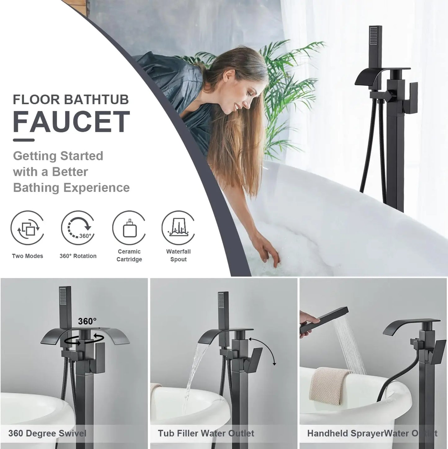Quyanre Waterfall Brass Free Standing Tub Filler Faucet Hand Shower