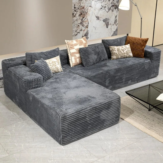 Grey sectional couches for Living Room-Corduroy Couch，104" Cloud Sectional Couch with L-Shape Chaise， Modern Modular Sofa