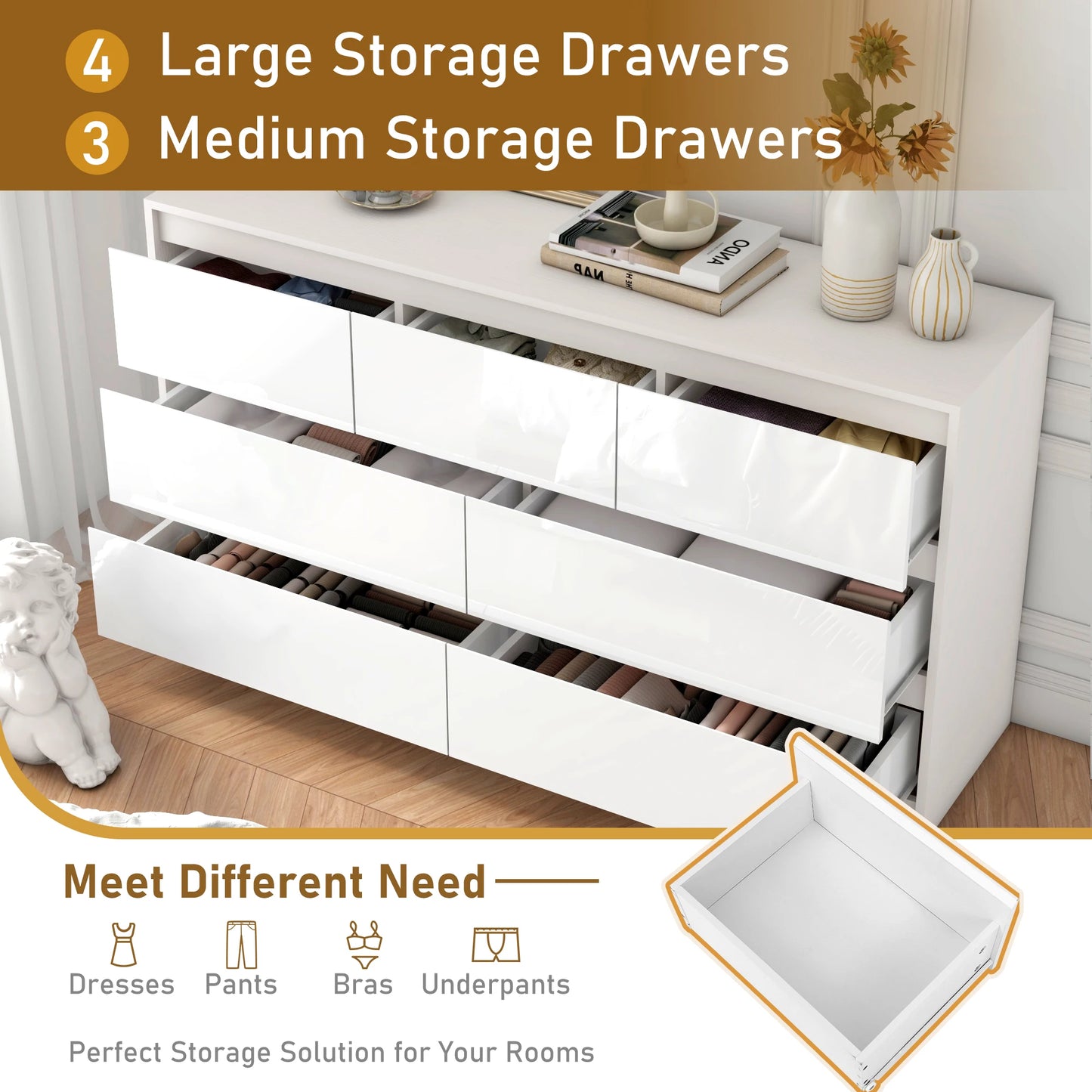 QiaoShiRen 7 Drawer Dresser Modern High Gloss Finish