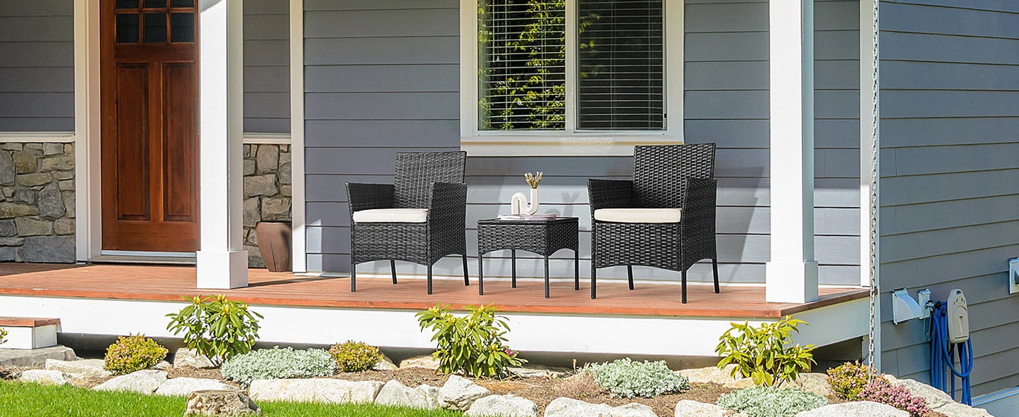 JHK Outdoor Patio Furniture Set 3 Pieces with Soft Cushion and Glass Table Manual Weaving Wicker Rattan Patio Chairs For Garden