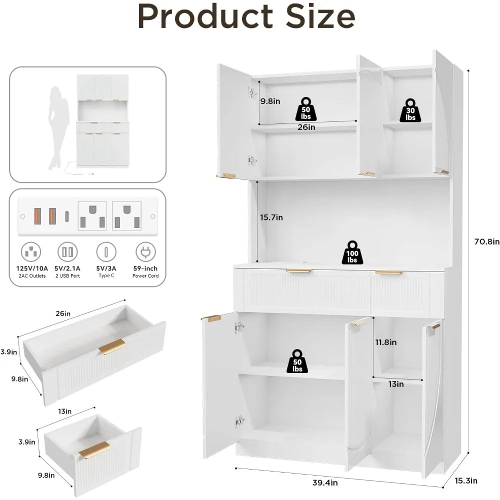 71" Kitchen Pantry With Charging Station, White Modern Hutch With Drawers & Microwave Stand, Buffet Cabinet With Countertop for