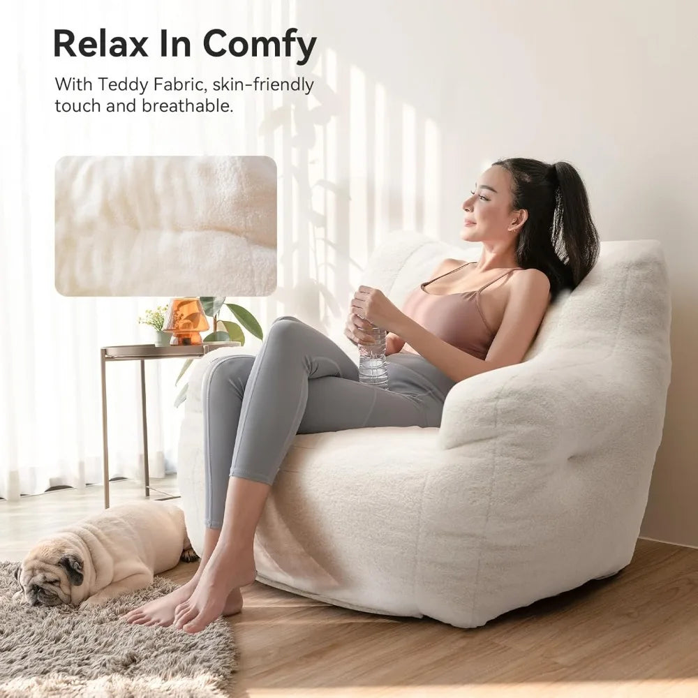 3FT Pre-filled Soft Teddy Fluffy Lazy Sofa Floor Chair Beanbag for Adults and Teens, Ideal for Living Room and Playroom