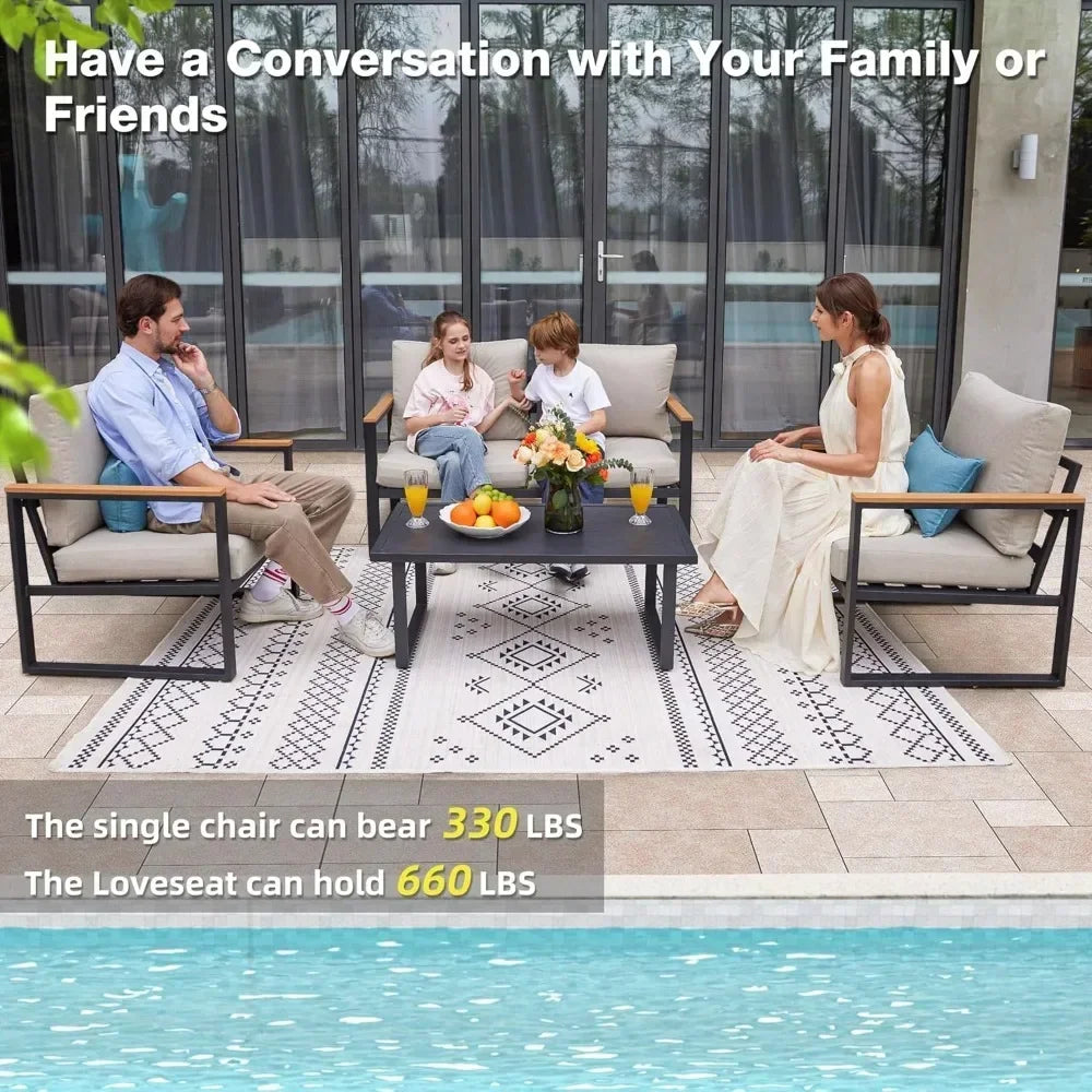 Patio Furniture Set, 4 Pieces Outdoor Patio Furniture with Coffee Table Set, Metal Patio Conversation Sets with Washable