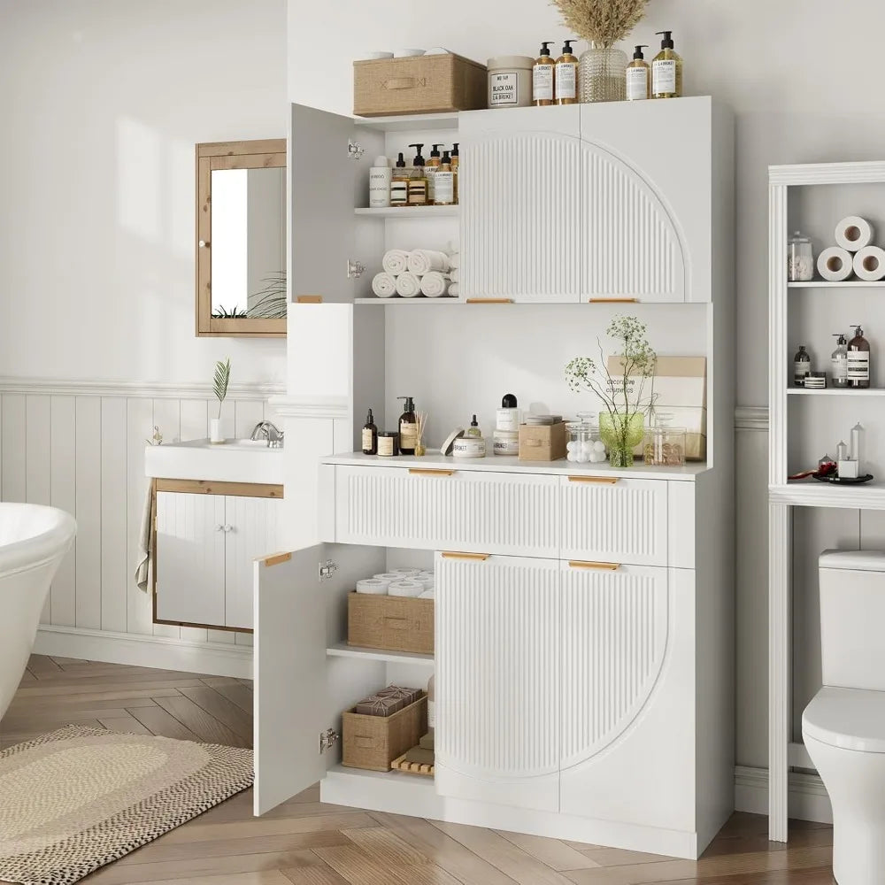71" Kitchen Pantry With Charging Station, White Modern Hutch With Drawers & Microwave Stand, Buffet Cabinet With Countertop for