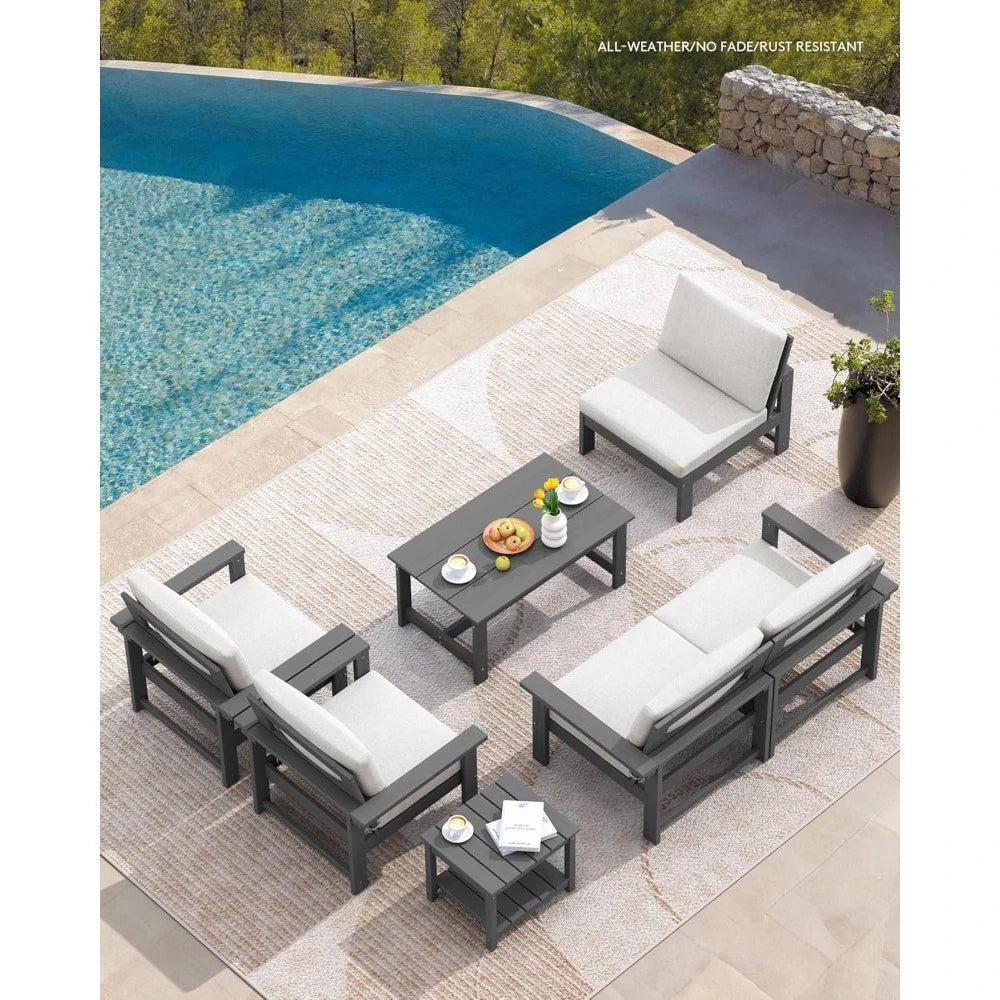 NEW-Patio Furniture Set,7Piece Outdoor Sectional Sofa Set,All Weather Outdoor Couch Set for Deck,Lawn,Grey Frame w/Khaki Cushion