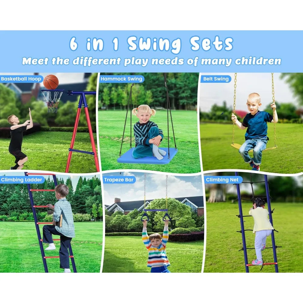 Swing Sets for Backyard, 6 in 1 Toddler Swingset Outdoor for Backyard for Kids 3-12, Heavy Duty Metal Swing Sets with 2 Swings C