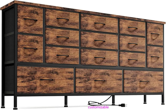 63.3”W TV Stand Dresser, 70''TV Stand with Power Outlets, Long Dresser with 16 Large Drawers, Fabric Chest of Drawers for Living