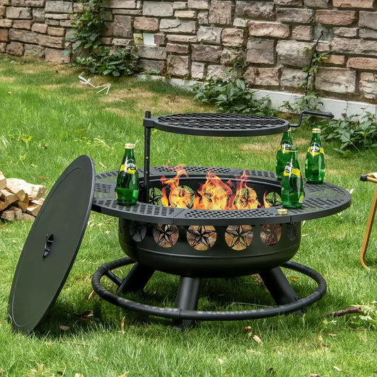 36 Inch Fire Pit with Cooking Grill,Outdoor Wood Burning BBQ Firepit with Lid, 3-in-1 Outdoor Fire Pit Patio Picnic (36")