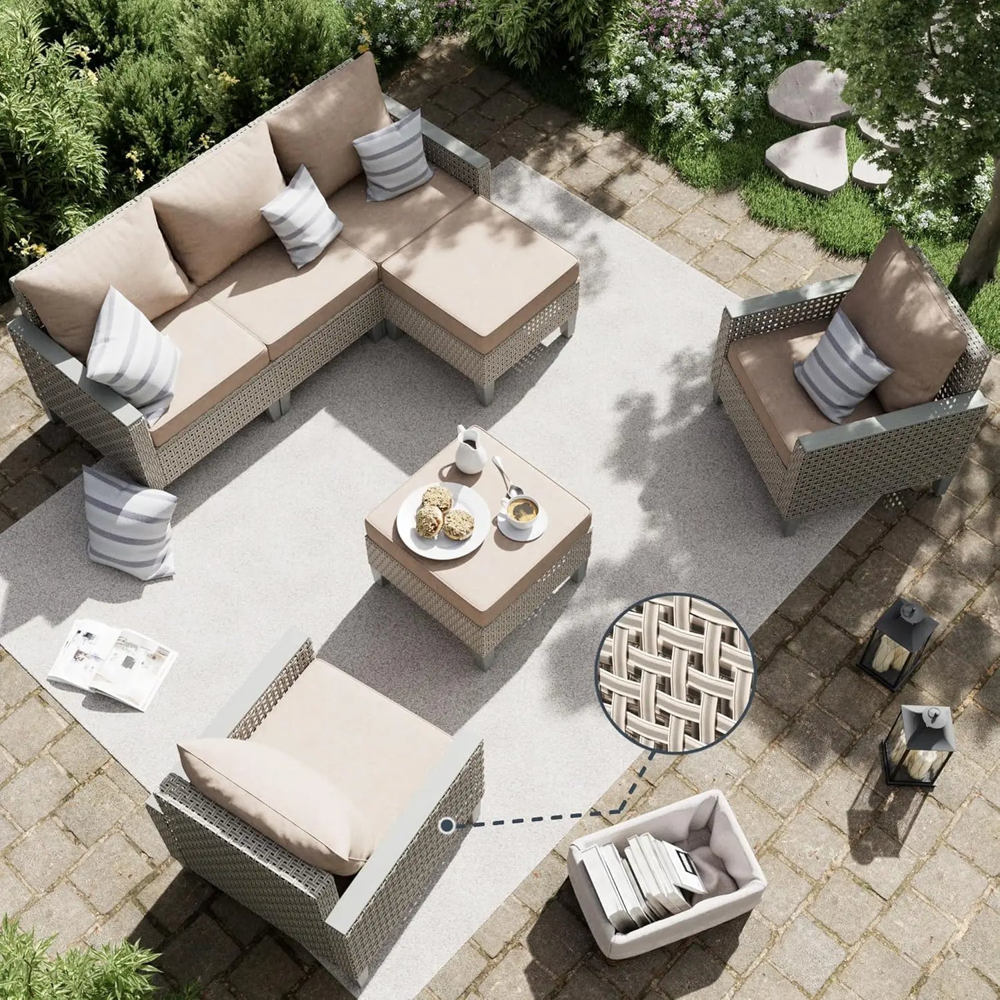 Outdoor Patio Furniture Set 7-Piece Modular Wicker Sectional Sofa with Ottomans and Thick Cushions, Modern Rattan Outdoor