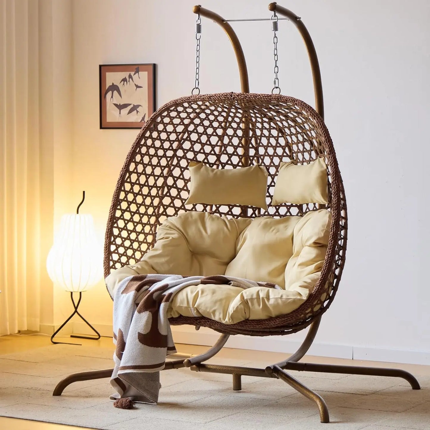 Double Hanging Swing Egg Chair with Stand, Hexagon Wicker Hammock Swing Chair for Outdoor Garden Patio, 2 Person Egg Chair with