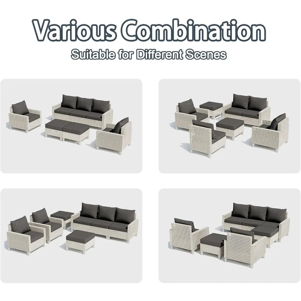 Outdoor Patio Furniture Set 7-Piece Modular Wicker Sectional Sofa with Ottomans and Thick Cushions, Modern Rattan Outdoor