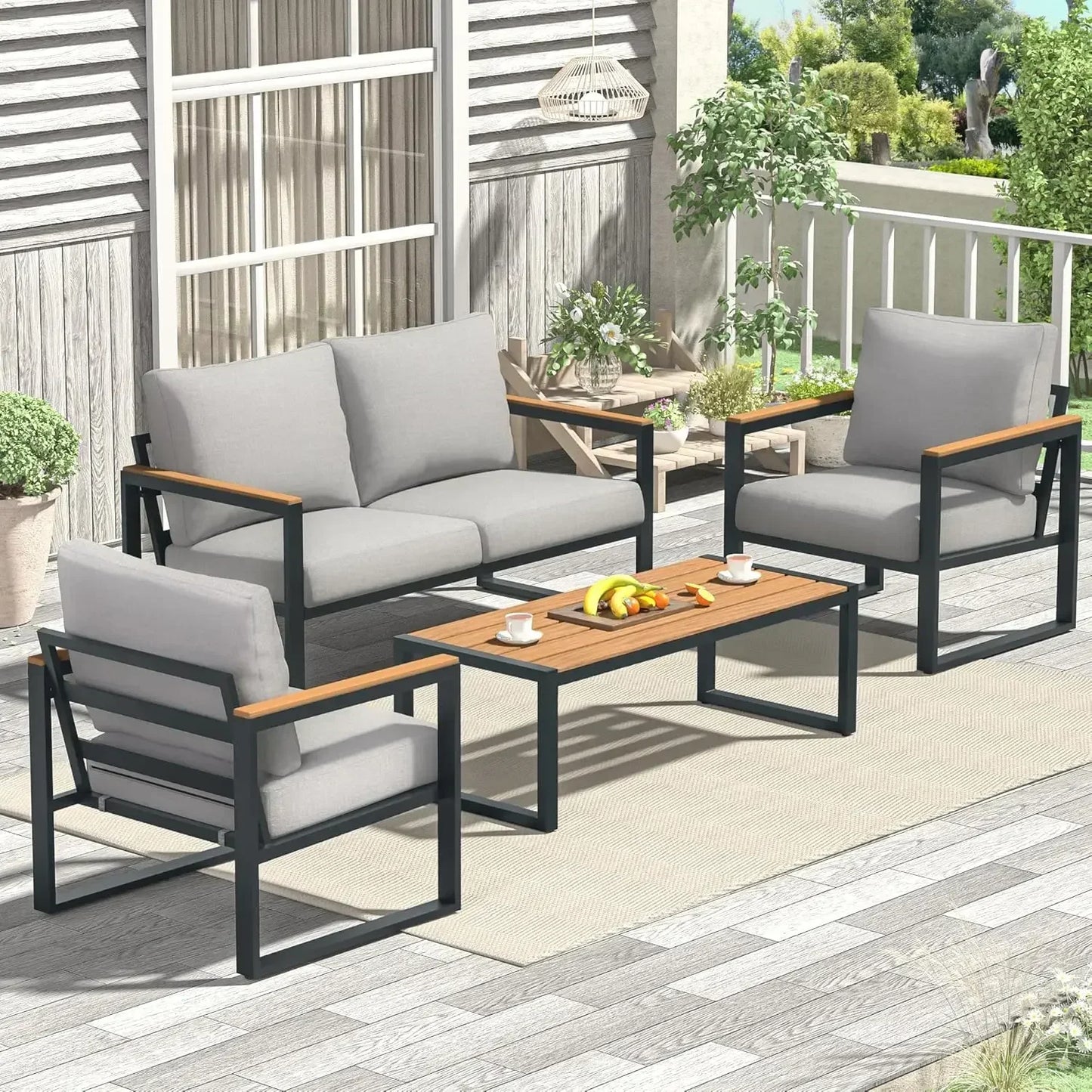 Patio Furniture Set, 4 Pieces Outdoor Patio Furniture with Coffee Table Set, Metal Patio Conversation Sets with Washable