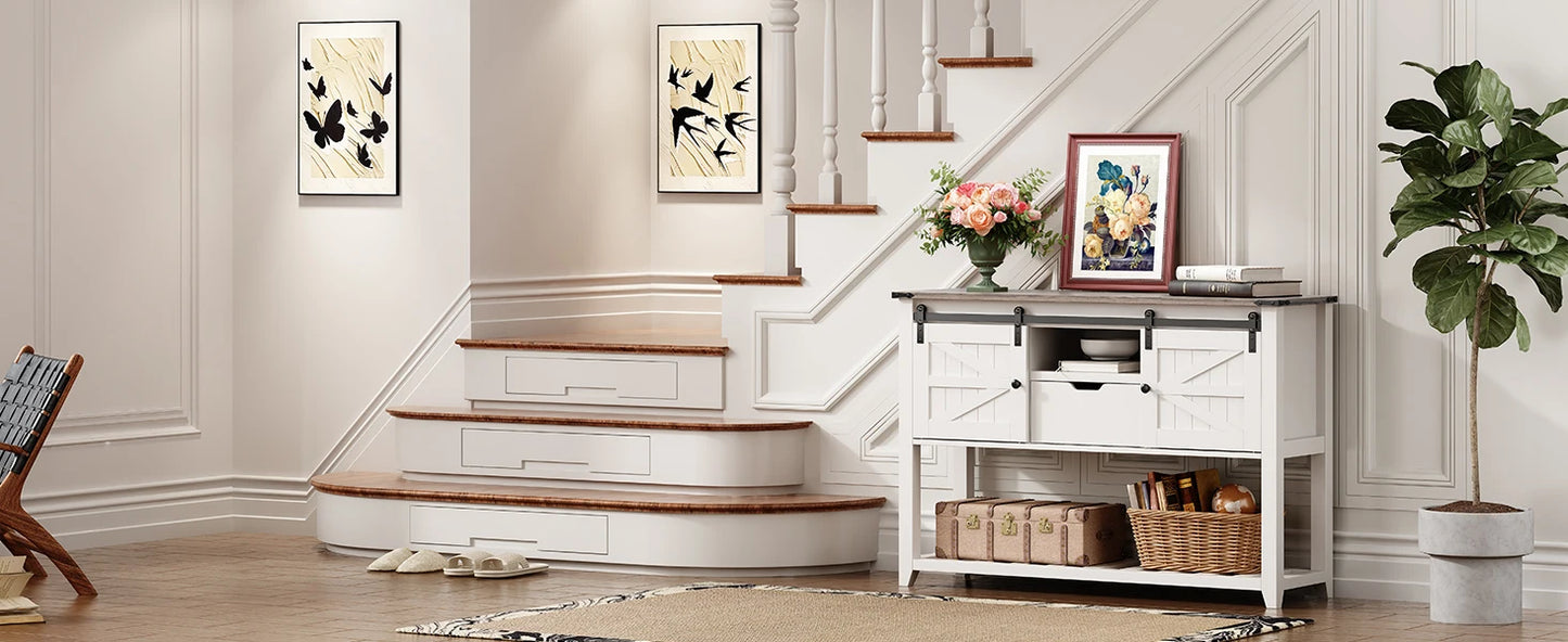 Redlife Entryway Table w/ Sliding Barn Doors, 46" Farmhouse Sofa Console Table w/ Storage Shelf for Hallway Entryway Living Roo