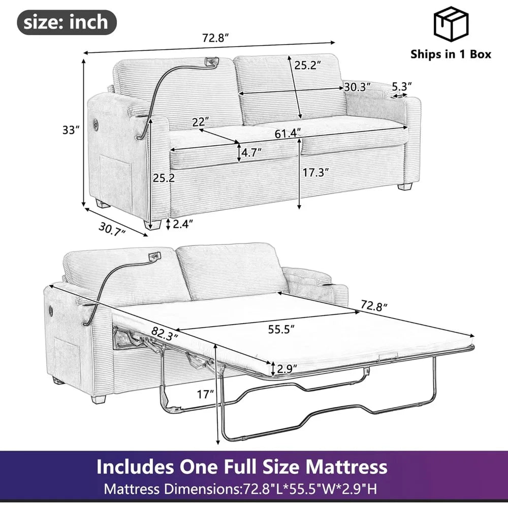 72.8" Corduroy Sleeper Sofa Loveseat Sofa with Full Size Mattress, Two USB Ports, Two Cup Holders, Two Side Pockets and a Phone