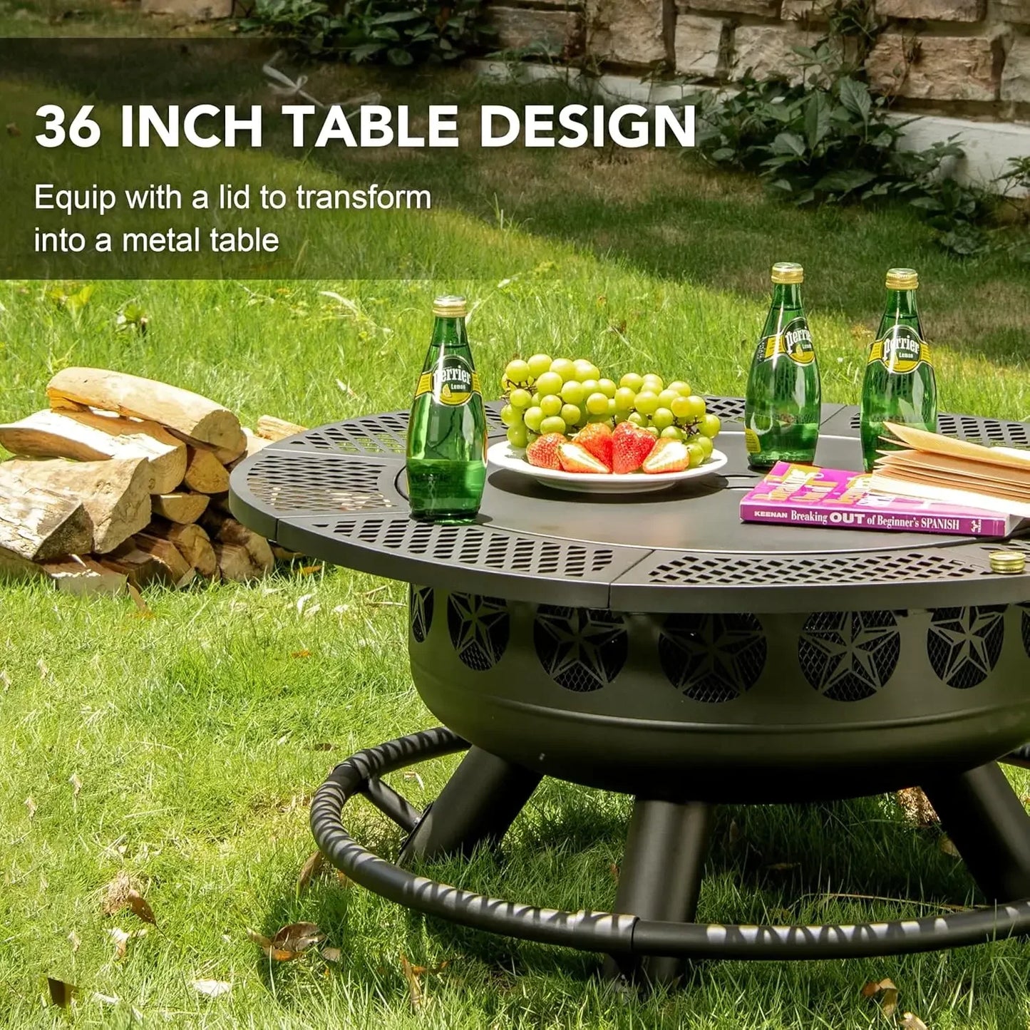 36 Inch Fire Pit with Cooking Grill,Outdoor Wood Burning BBQ Firepit with Lid, 3-in-1 Outdoor Fire Pit Patio Picnic (36")