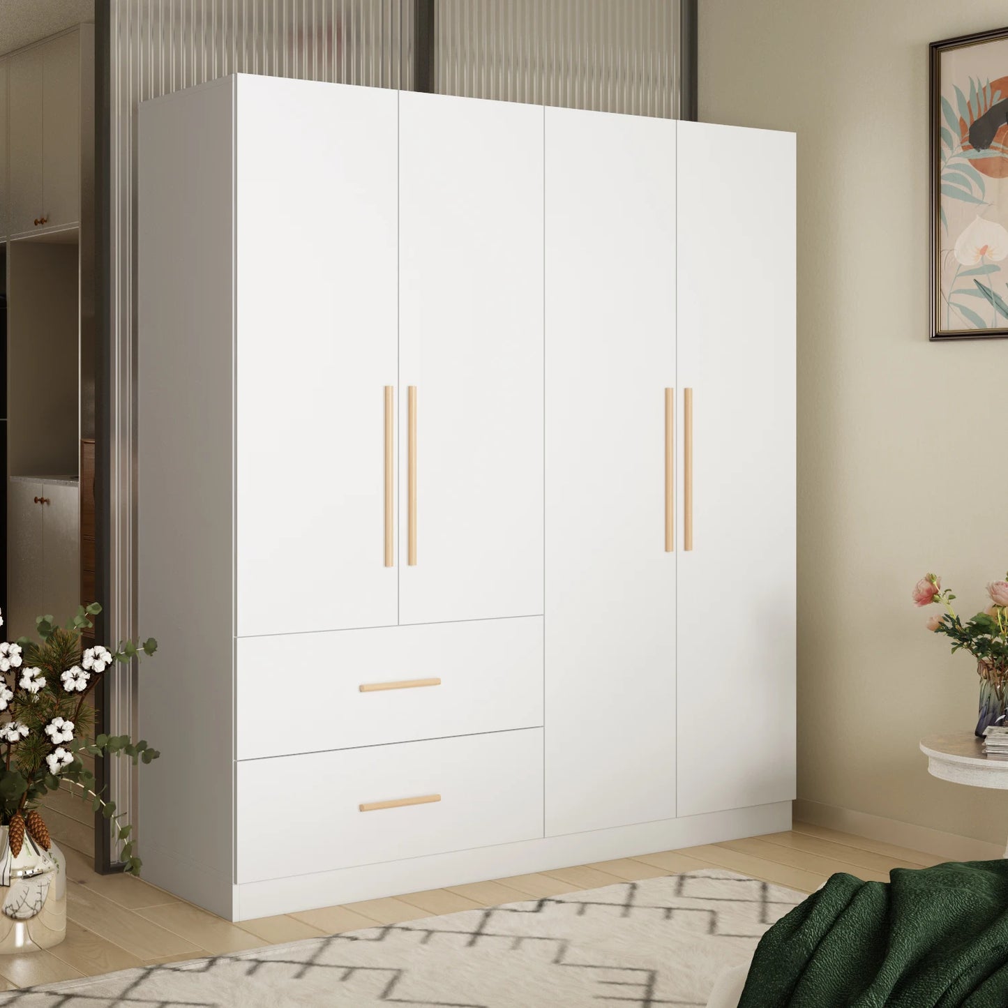 FUFU&GAGA Modern Wardrobe Armoire 2 Drawers 2 Hanging Rods