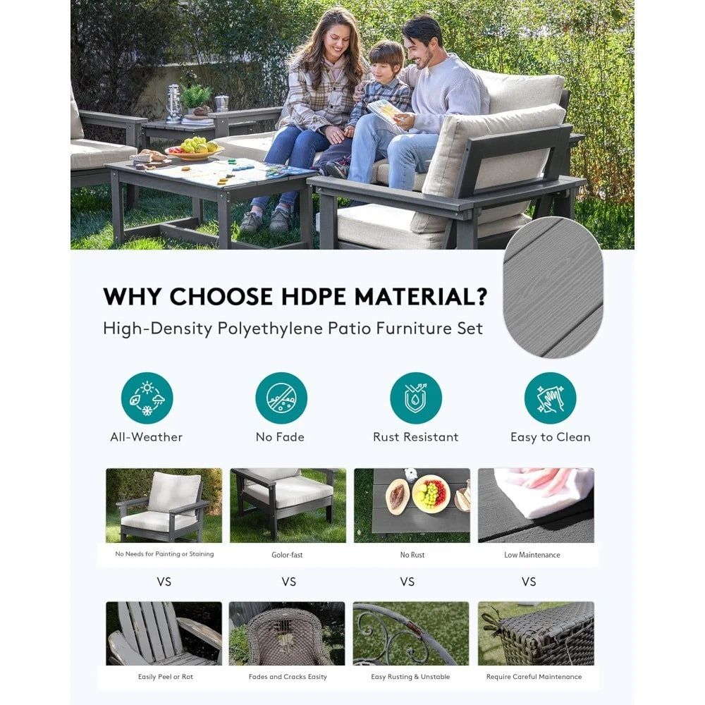NEW-Patio Furniture Set,7Piece Outdoor Sectional Sofa Set,All Weather Outdoor Couch Set for Deck,Lawn,Grey Frame w/Khaki Cushion