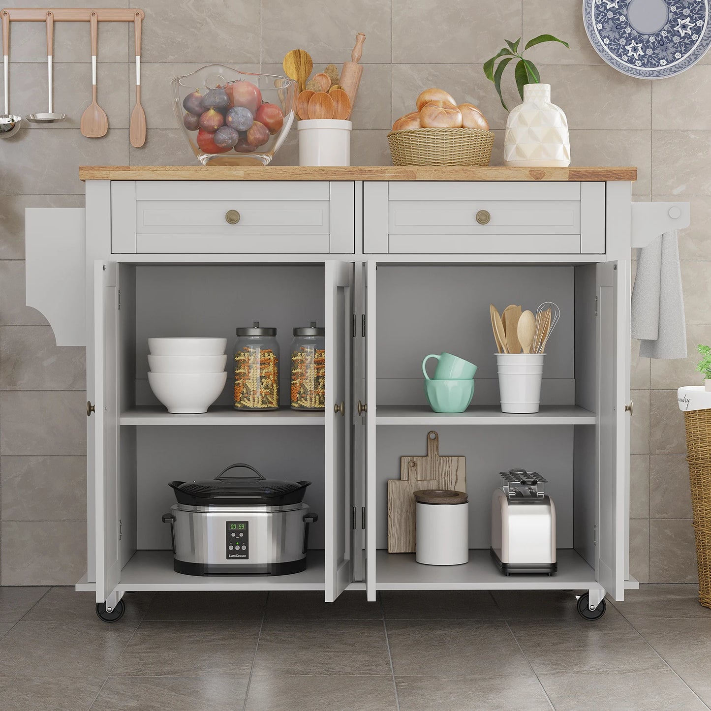 QiaoShiRen Rolling Kitchen Island With Drop Leaf Storage