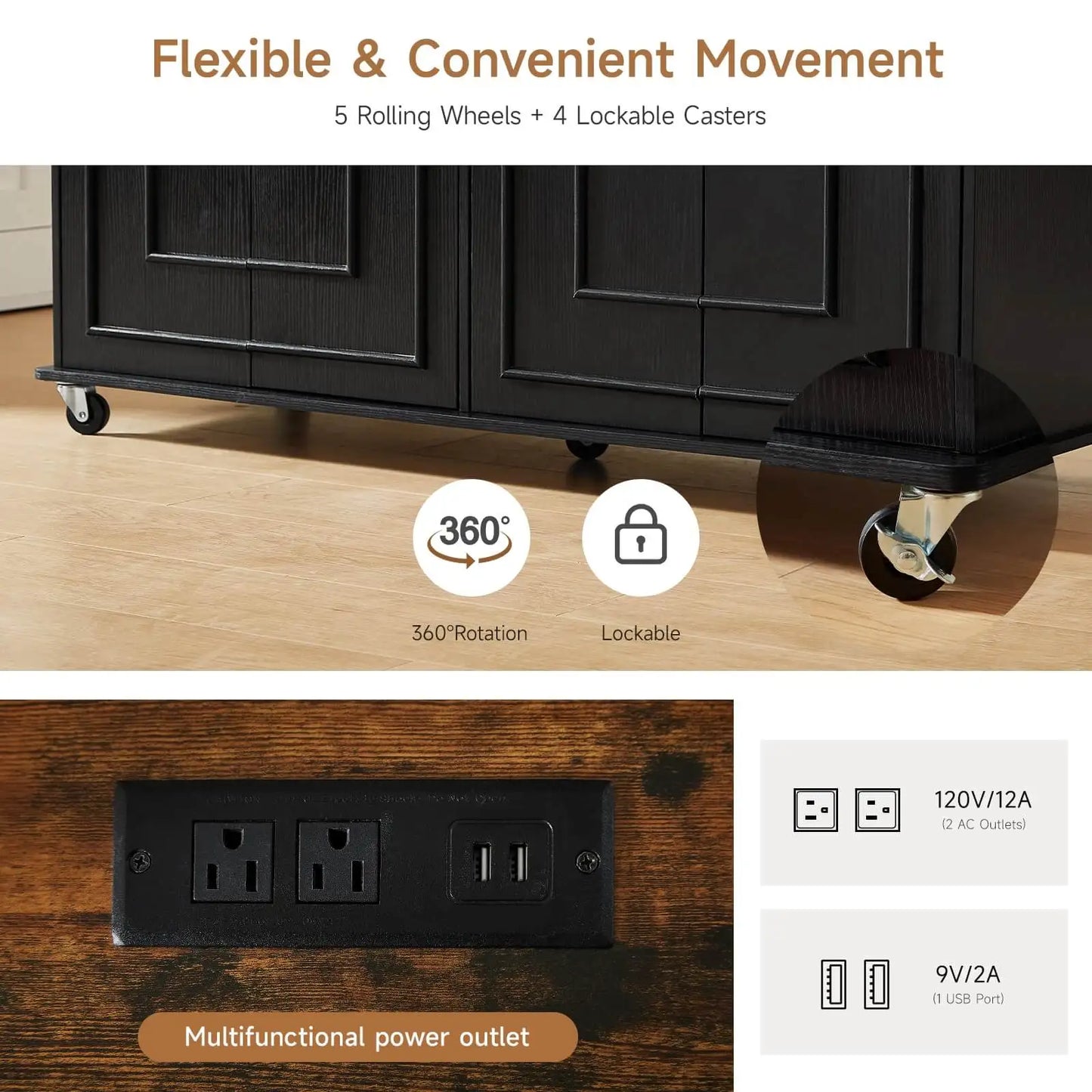 60" Mobile Kitchen Islands Rolling Trolleys Kitchen Island Table Drop Leaf Home Carts with Power Outlet Spice Towel Rack Trash