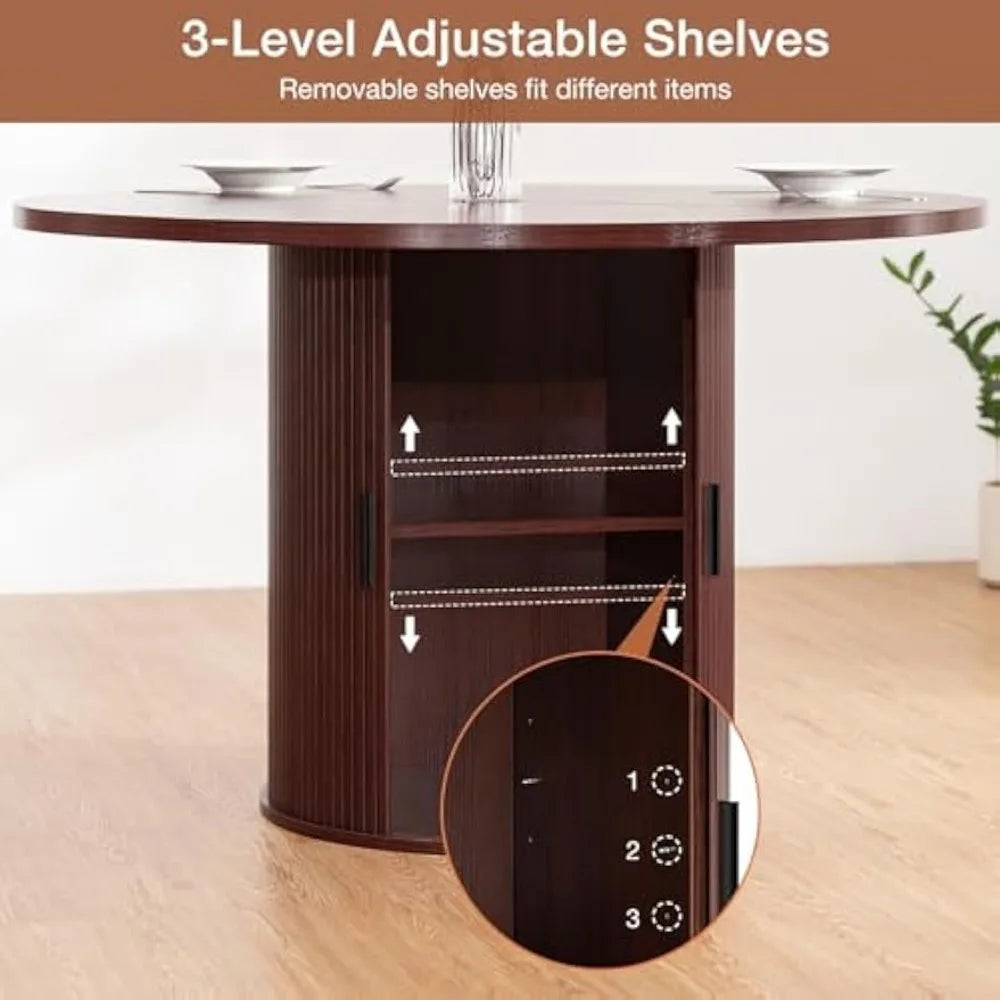 Round Dining Table For 4-6 With Wooden Storage Shelf
