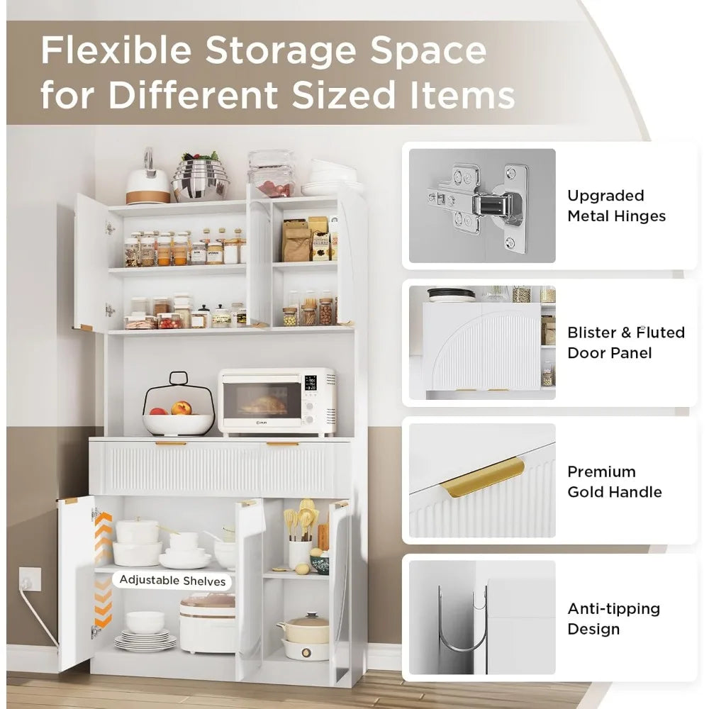 71" Kitchen Pantry With Charging Station, White Modern Hutch With Drawers & Microwave Stand, Buffet Cabinet With Countertop for