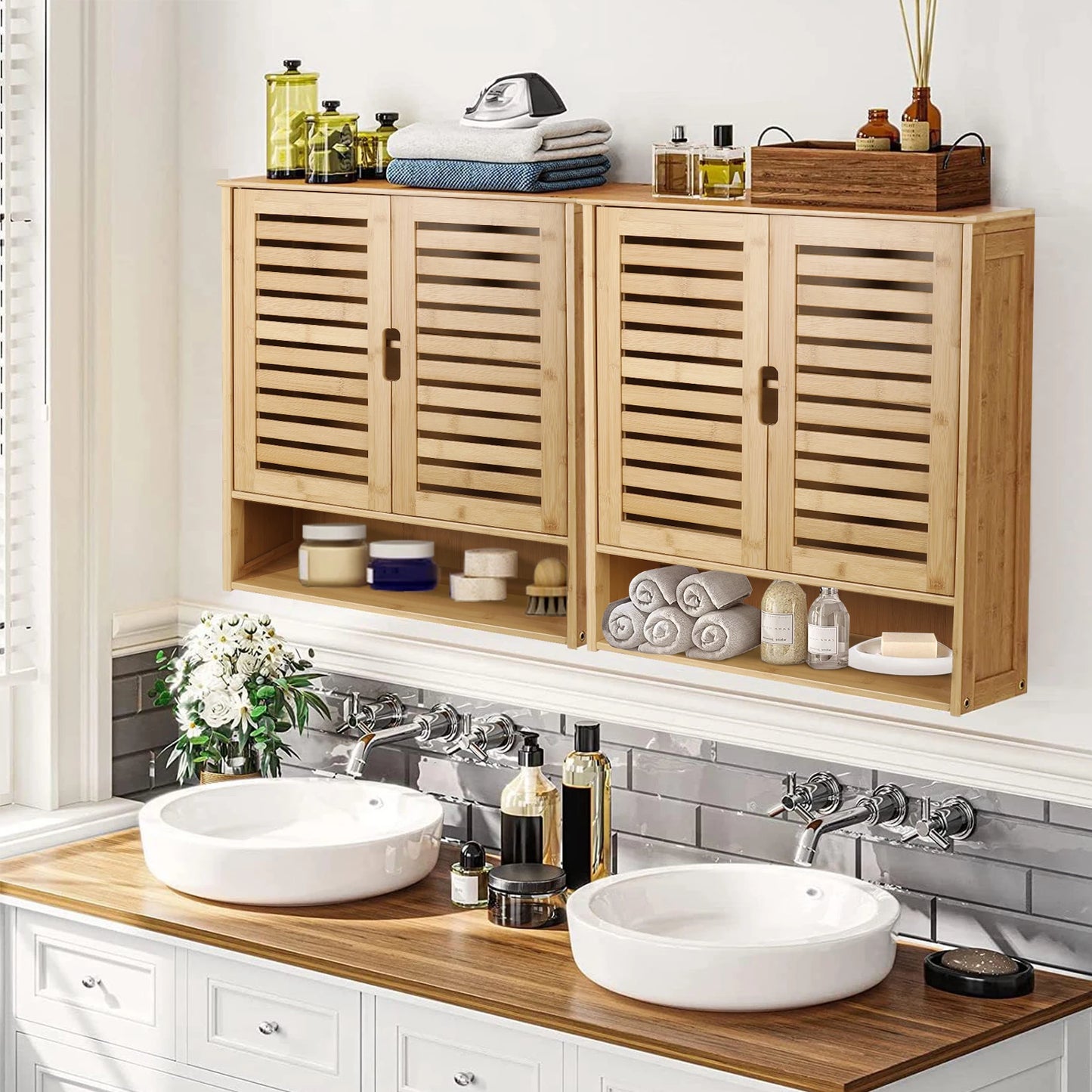Wisfor Bamboo Bathroom Wall Cabinet With Medicine 2 Doors