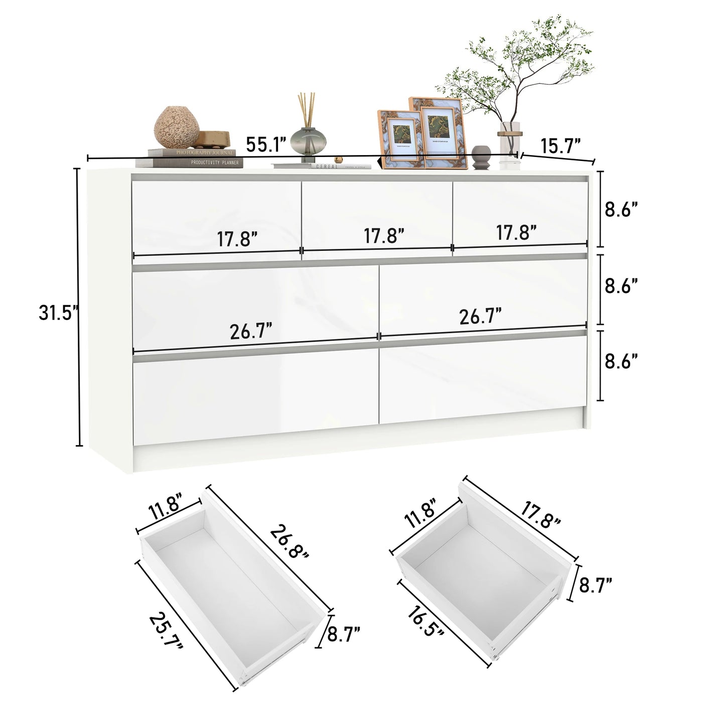QiaoShiRen 7 Drawer Dresser Modern High Gloss Finish