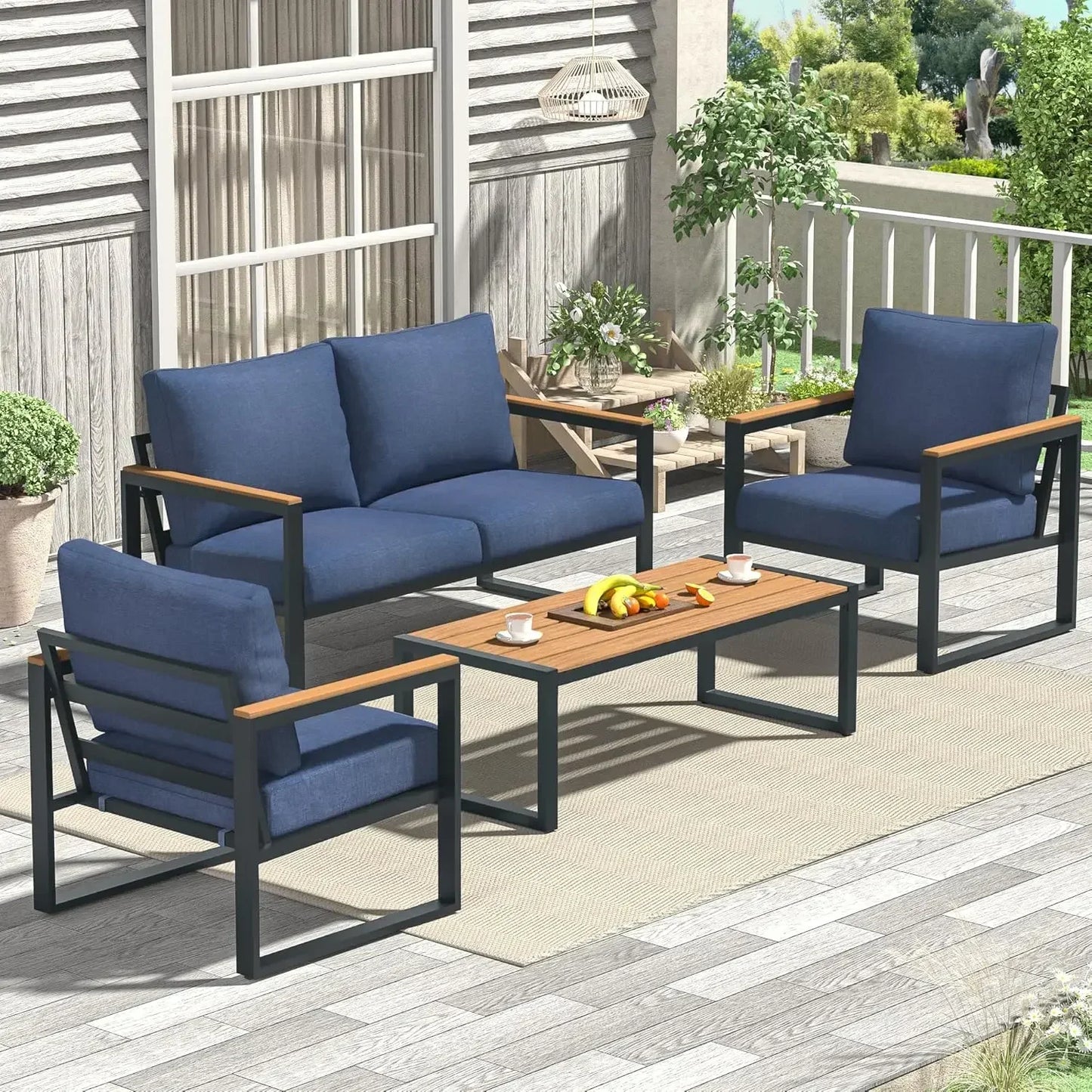 Patio Furniture Set, 4 Pieces Outdoor Patio Furniture with Coffee Table Set, Metal Patio Conversation Sets with Washable