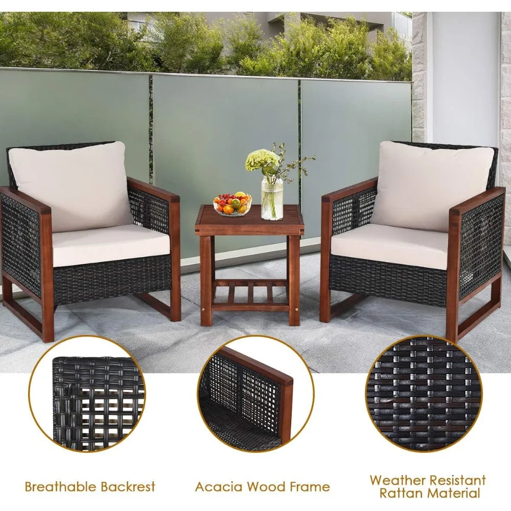 3 Pieces Outdoor Patio Furniture Set Wicker Chairs with Coffee Table, Balcony Porch Furniture Bistro Set