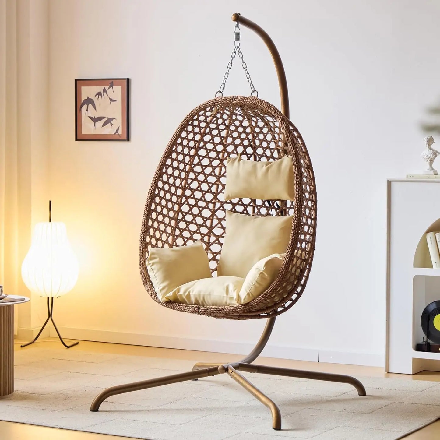 Double Hanging Swing Egg Chair with Stand, Hexagon Wicker Hammock Swing Chair for Outdoor Garden Patio, 2 Person Egg Chair with