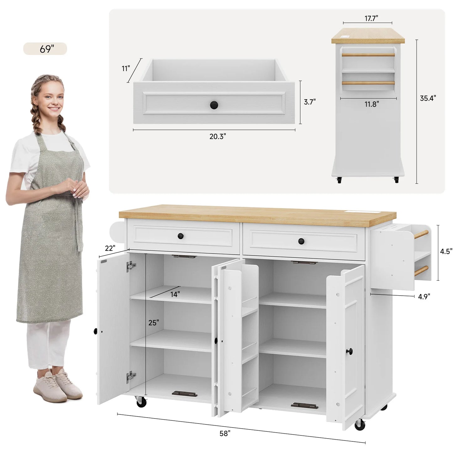 ONBRILL Mobile Kitchen Island With Drop Leaf Power Outlet