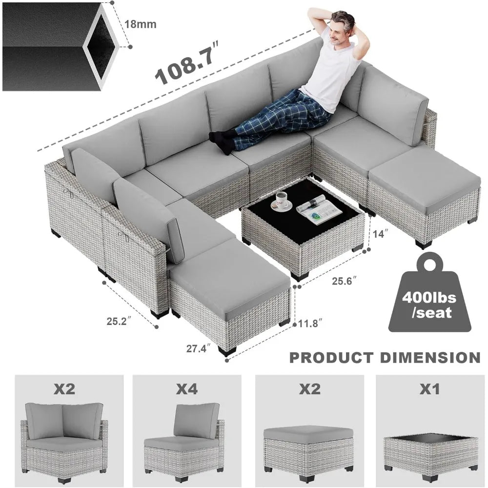 Outdoor Modular Sectional With Rattan Ottomans Rustproof