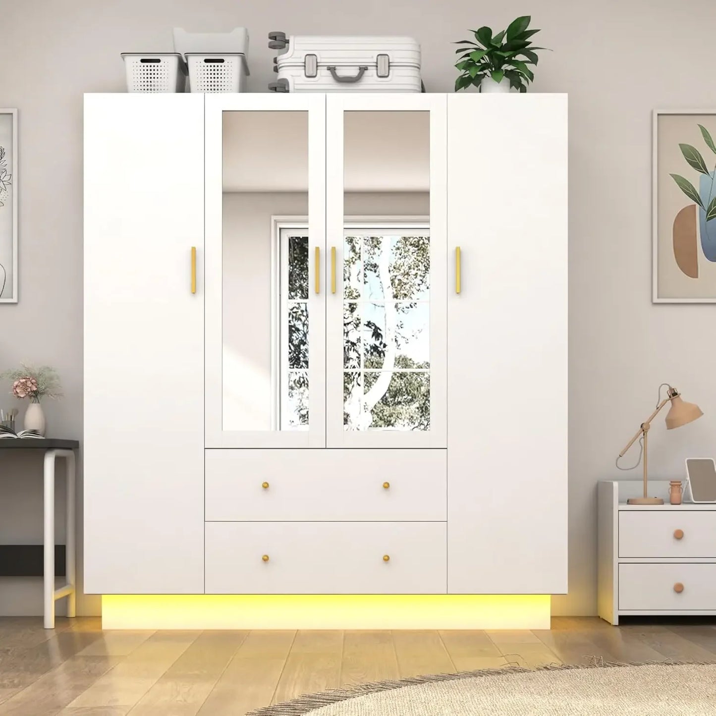 XMSJH Wardrobe 4 Door With Mirrors And LED Lights Black