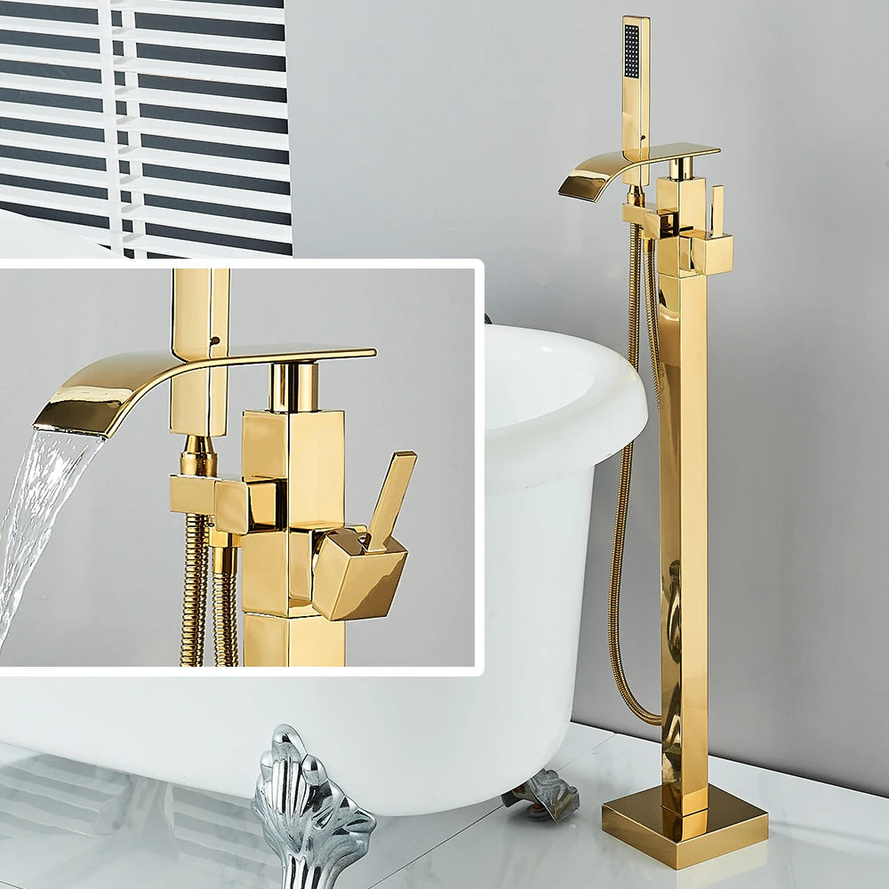 Quyanre Waterfall Brass Free Standing Tub Filler Faucet Hand Shower