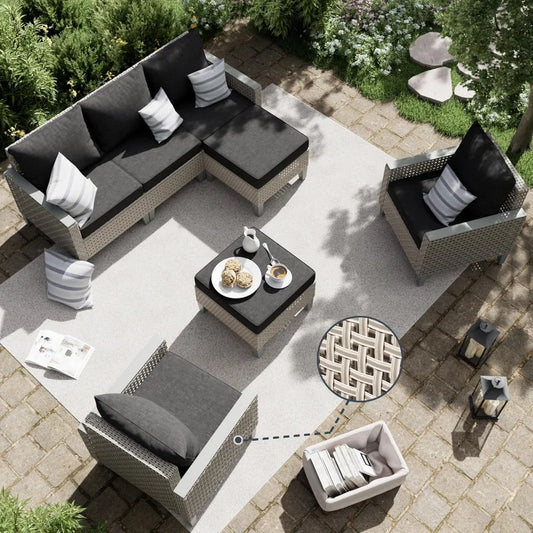 Outdoor Patio Furniture Set 7-Piece Modular Wicker Sectional Sofa with Ottomans and Thick Cushions, Modern Rattan Outdoor