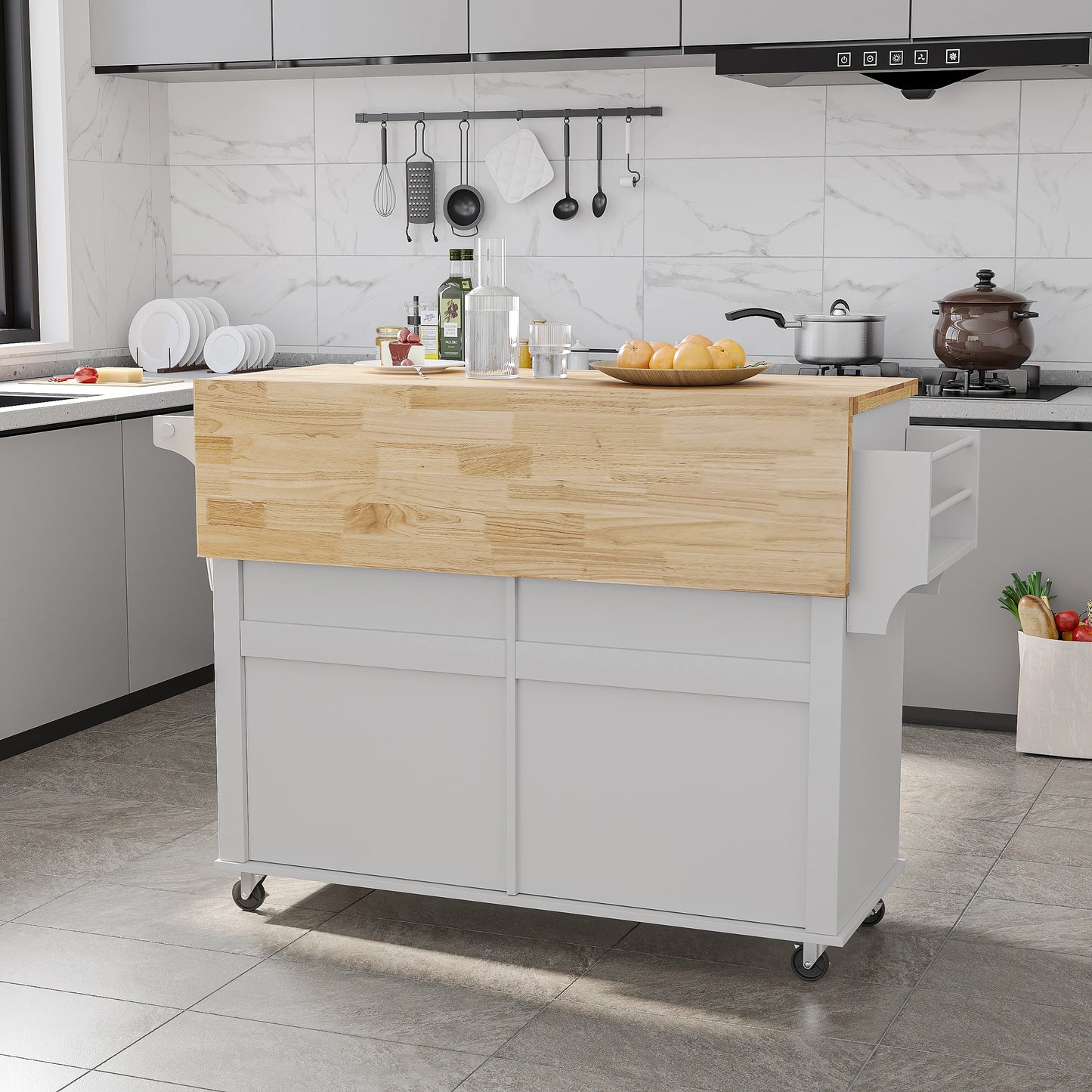 QiaoShiRen Rolling Kitchen Island With Drop Leaf Storage