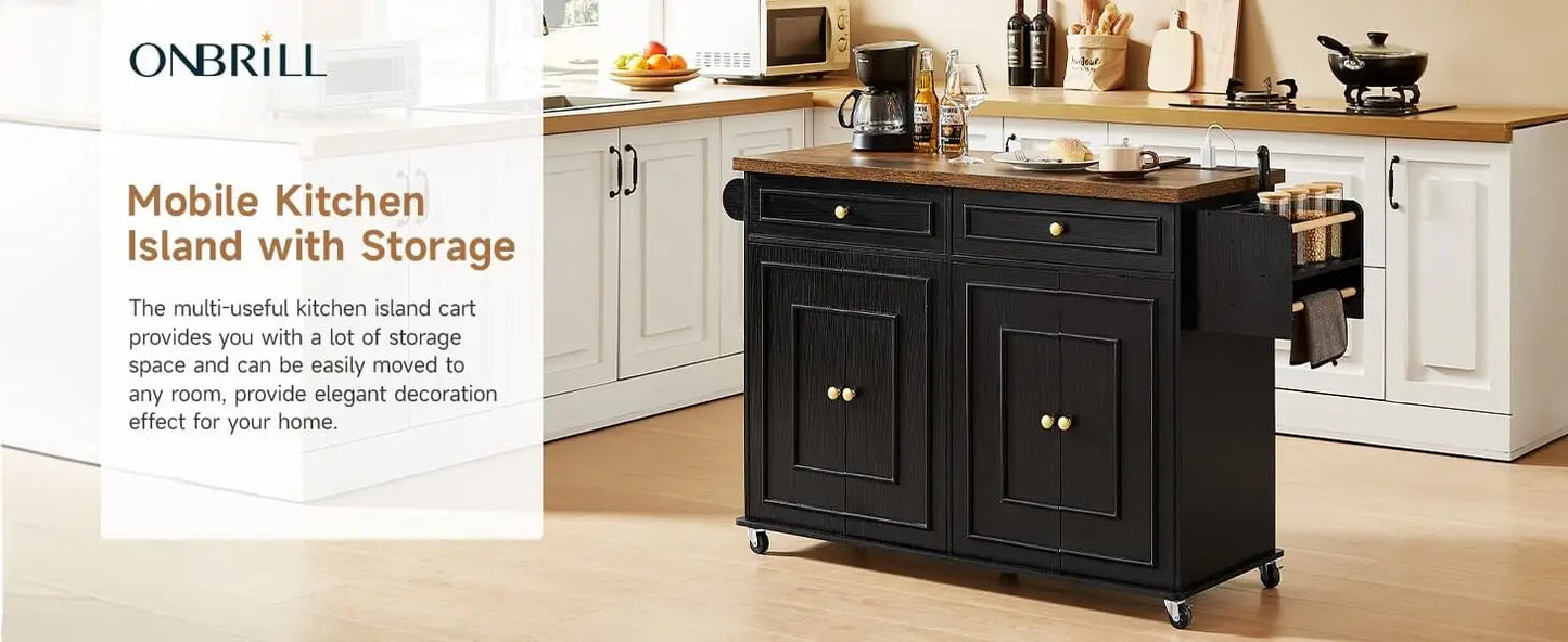 60" Mobile Kitchen Islands Rolling Trolleys Kitchen Island Table Drop Leaf Home Carts with Power Outlet Spice Towel Rack Trash