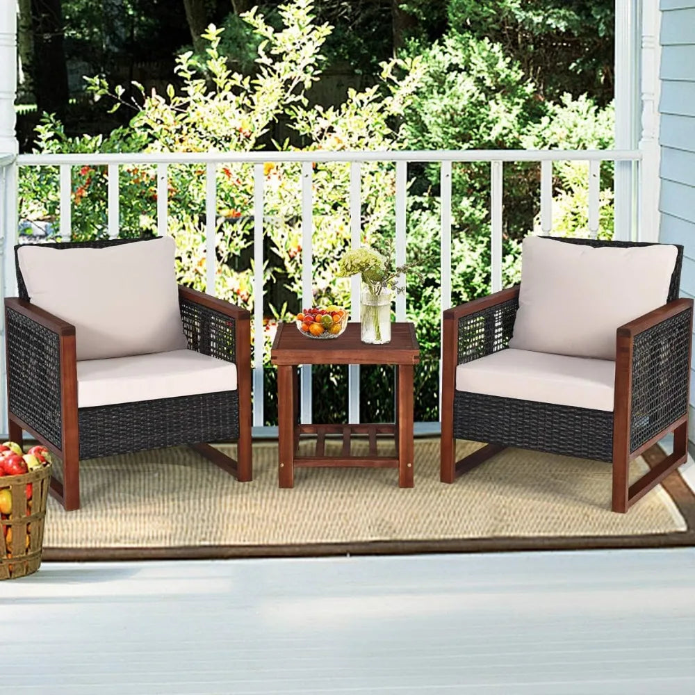 3 Pieces Outdoor Patio Furniture Set Wicker Chairs with Coffee Table, Balcony Porch Furniture Bistro Set