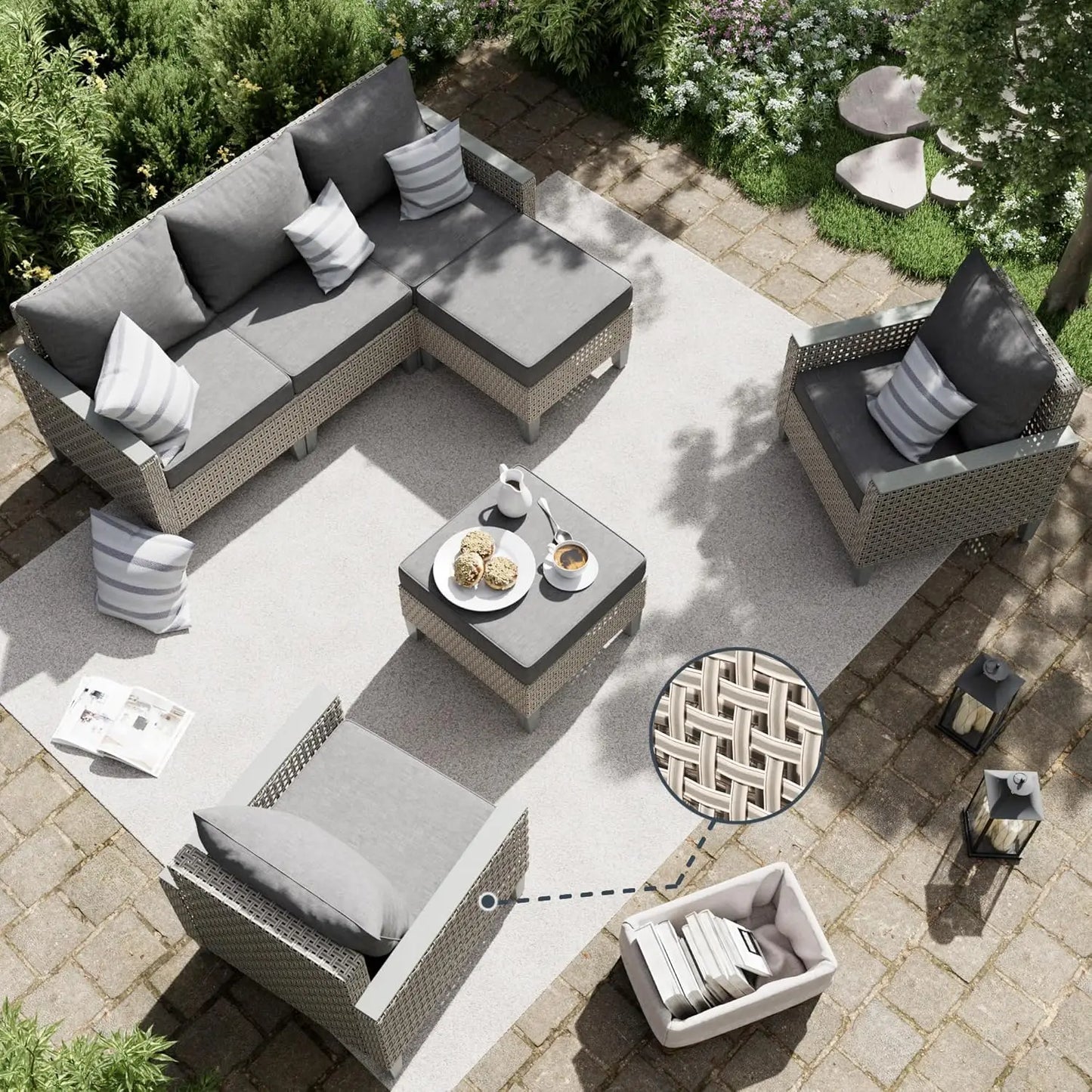 Outdoor Patio Furniture Set 7-Piece Modular Wicker Sectional Sofa with Ottomans and Thick Cushions, Modern Rattan Outdoor